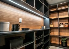 The combination of dark and light brown wood in this custom kitchen pantry design is highlighted with led lighting. Walk In Kitchen Pantry Ideas Las Vegas, NV