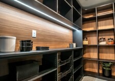 The combination of dark and light brown wood in this custom kitchen pantry design is highlighted with led lighting. Walk In Kitchen Pantry Ideas Las Vegas, NV