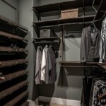 The Her Side of the closet features wooden shoe shelves and double hang rods.