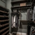 The Her Side of the closet features wooden shoe shelves and double hang rods.