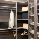 This closet features double hang shelves.