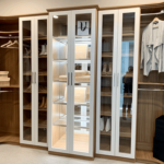 Full look of the glass enclosed cabinet and shoe shelves!