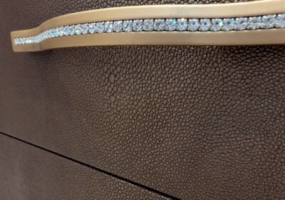 Textured Drawer Fronts with Crystal Drawer Handles Textured Brown Drawer Fronts with Crystal and Nickel Drawer Handles