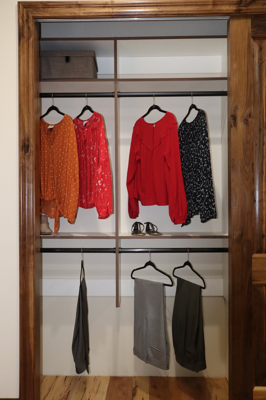 Custom reach-in closet organized with double hanging
